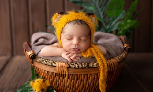 infant-sleeping-pretty-baby-boy-yellow-animal-shaped-hat-inside-brown-basket-along-with-green-leafs-wooden-room
